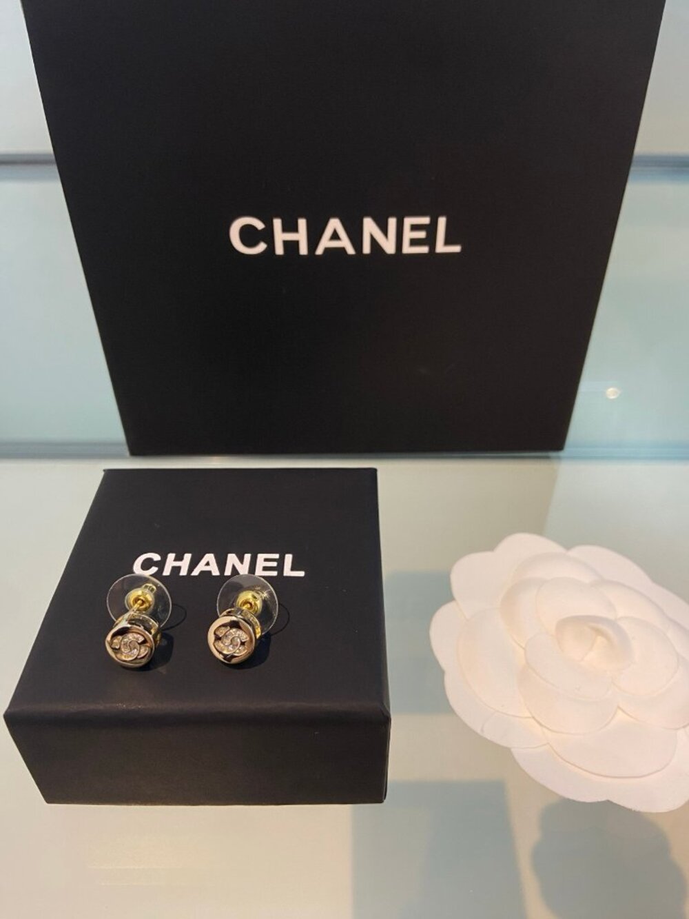 Chanel Gold-Tone Crystal CC Round Stud Earrings